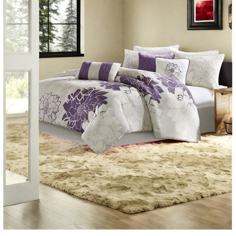 Ensemble de literie de très grande qualité en satin de coton de qualité supérieure, motif floral élégant en gris taupe et mauve