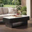 Table basse rectangulaire à plateau relevable avec tiroir et rangement caché, table cannelée moderne avec plateau en marbre blanc et bandes en bois massif, table centrale multifonctionnelle pour les petits espaces, salon