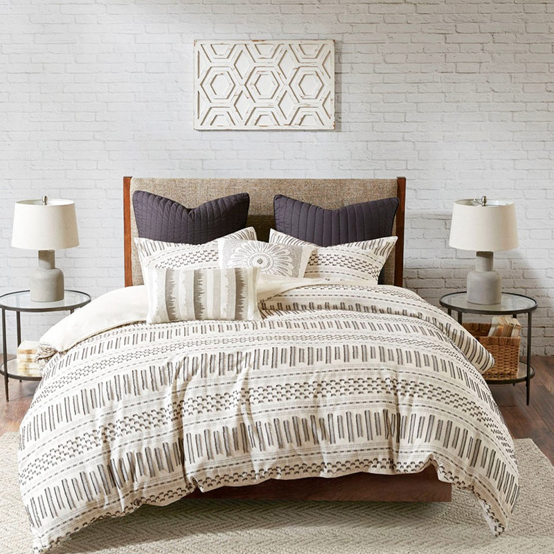 Édredon en coton Ink + Ivy - double / grand, avec accents gris anthracite, 100% coton, 2 taies décoratives, taille grand chic / gris anthracite, look, Bartacks cachés,