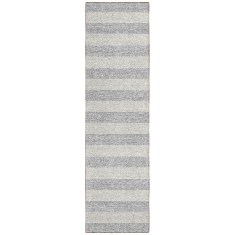 8' Runner Gray and Ivory Striped Washable Non Skid Indoor Outdoor Runner Rug