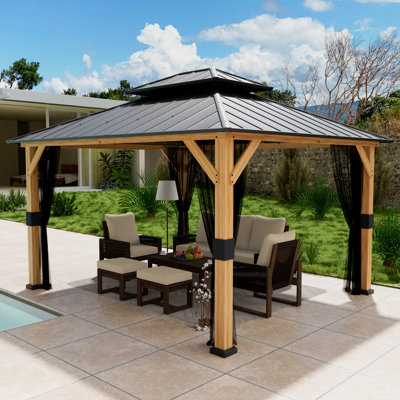 11ft × 13ft Patio Double-roof Wooden Gazebo