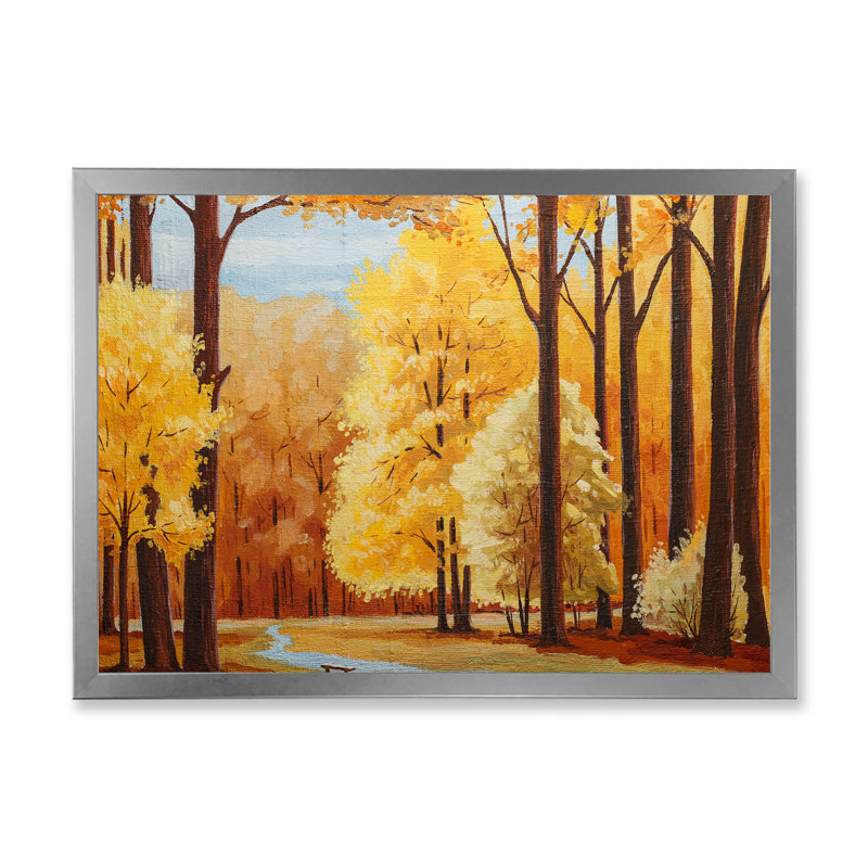 Arbres d'automne orange à l'aube - Peinture sur toile, H 16 po x l 32 po x p 1 po, Cadre photo argenté