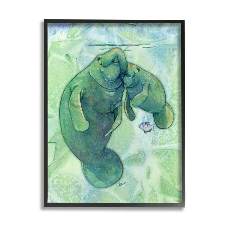 Lamantins et poissons verts par Steve Vanderbosch, Giclée encadrée noir minuit, H 14 po x l 11 po x P 1,5 po