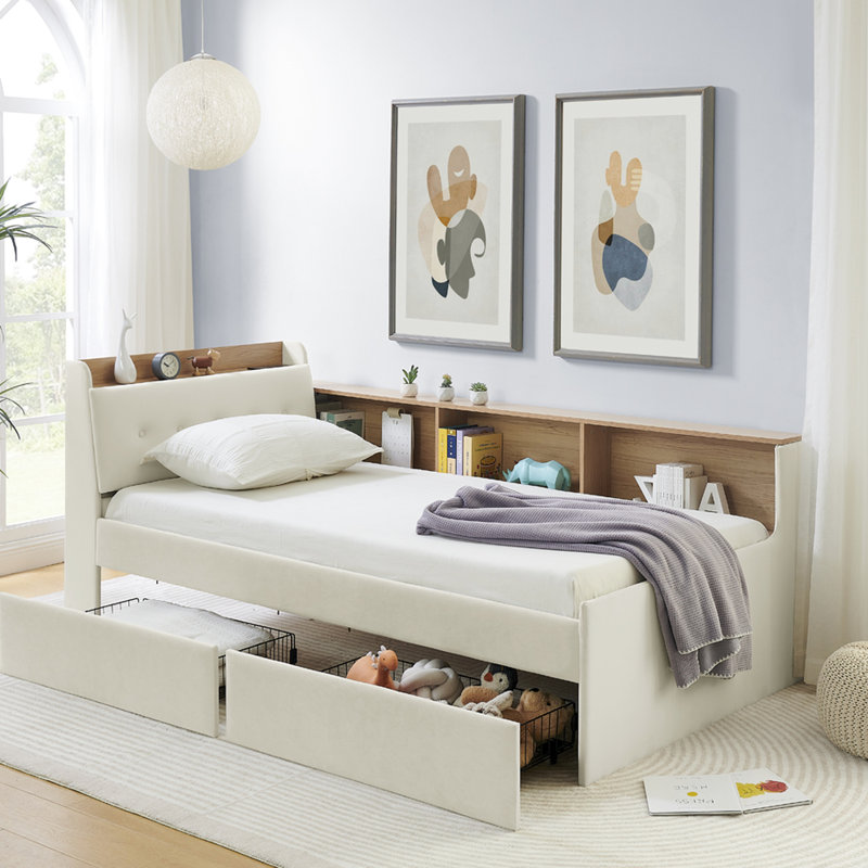 Lit de jour simple en velours avec revêtement beige, tête de lit avec rangement, chargement sans fil, lumières et fonction à DEL, lumières de tiroirs de taille sérénité, espace invitant