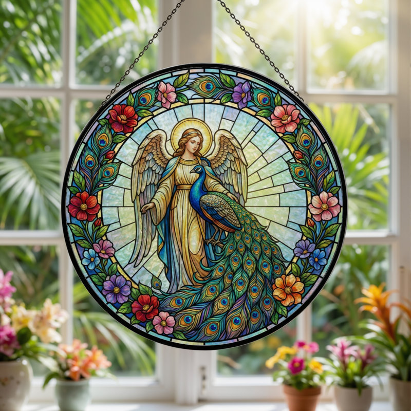 Panneau de vitrail Angel Peacock, vitrail, H 12 po, H 12 po