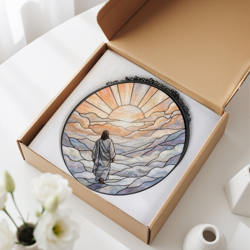 Sunset Sky Stained Glass Window Panel，7.8H, 7.8"H