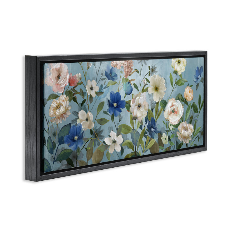 Fleurs de jardin mixtes sur fond bleu, Cadre flottant noir de jais, H 11 po x l 25 po