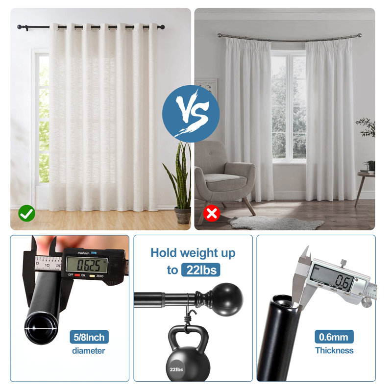 Tringle à rideaux simple ajustable Plante Ball, Noir, H 0,625 po x l 48 po x P 0,625 po