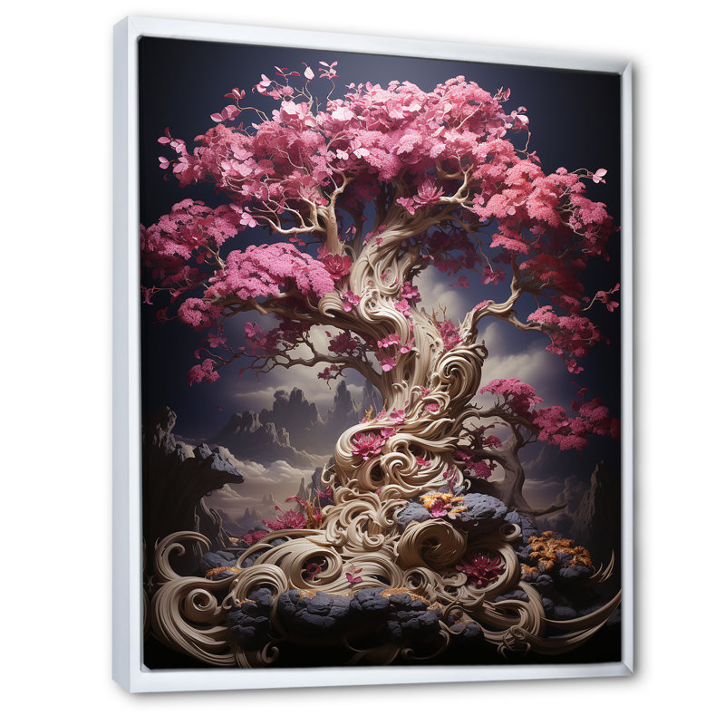 Orchidée rose jardin de branches II - art mural cerisier en fleurs, Cadre flottant blanc, H 44 po x l 34 po x P 1,5 po