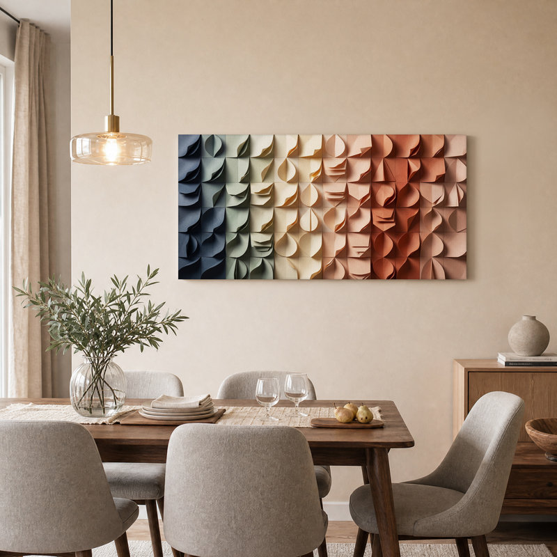 Plis de papier géométriques dégradés de bleu à terracotta, 46“W x 24”H