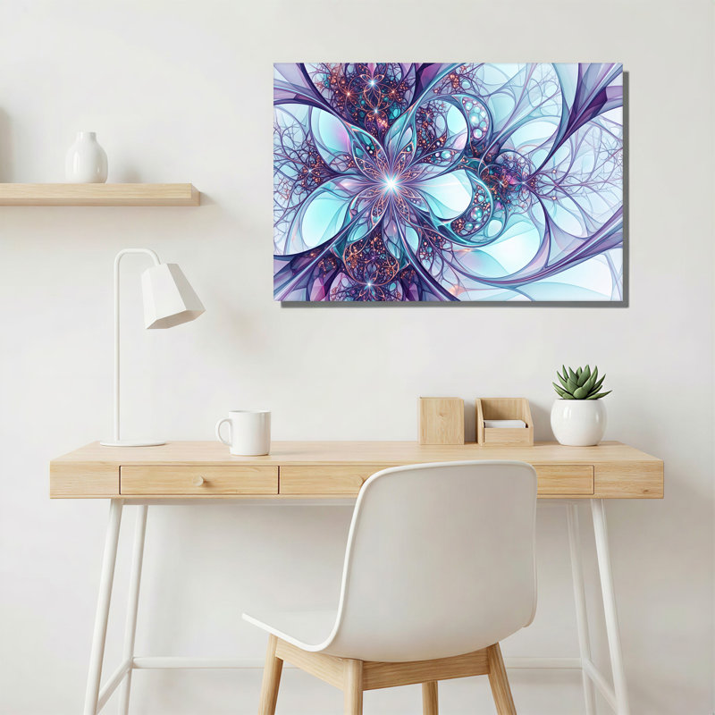 Motif de fractale tourbillonnante bleue et mauve avec toile dorée, 28"H x 40"W