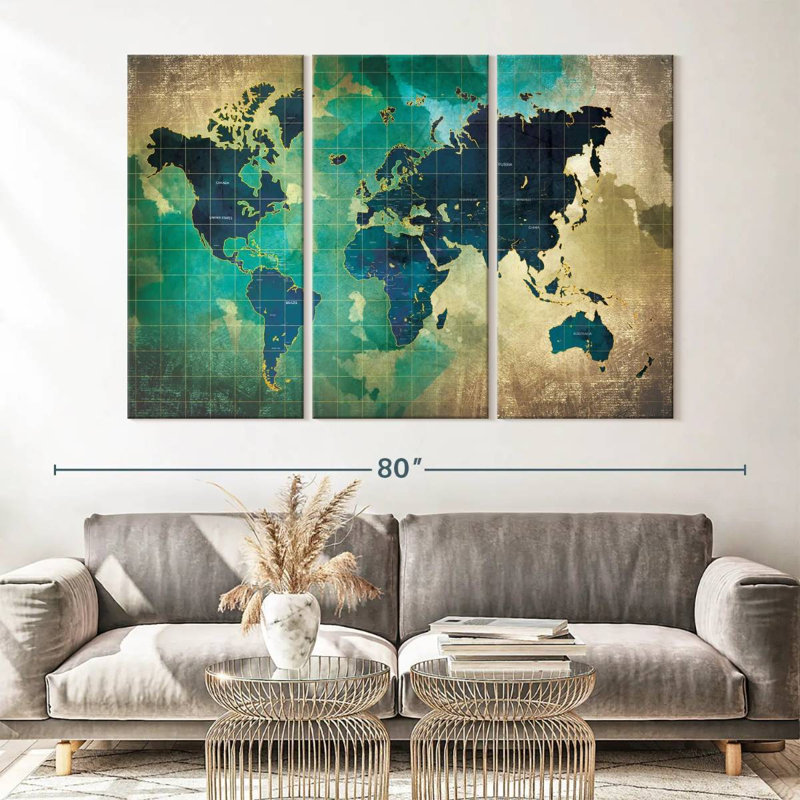 «World Map Aged World Map XXXVII», reproduction sur toile 3 pièces par Tess P, H 42 po x l 65 po x P 1,25 po