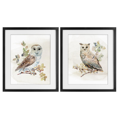 Owls Perched in Foliage 2pc Framed Print Under Glass Set, design by CAD Designs