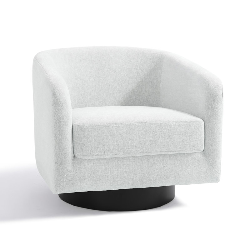 Upholstered Swivel Barrel Chair With Solid Wood Base, Beige