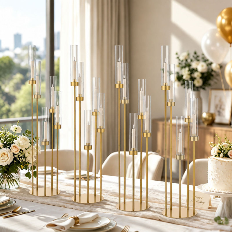 Gold 5-Arm Floor Candelabra with Acrylic Shades, 39.37" Tall Metal Candle Holder Centerpiece for Wedding & Home (Set of 4), 4