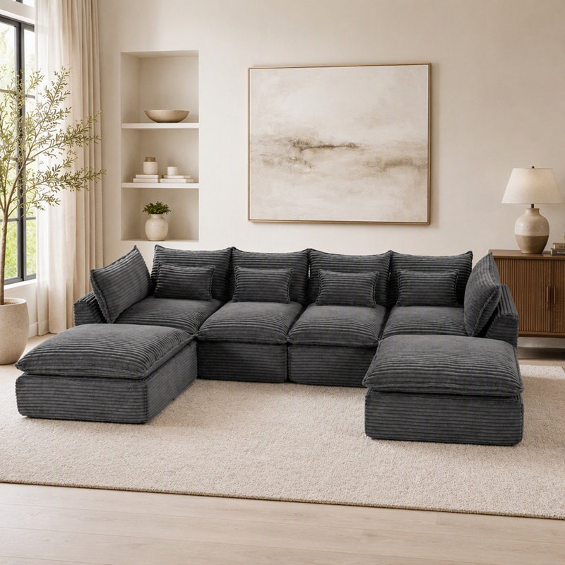 129.8" Width Cloud Couch Oversized Modular Sectional Sofa True Relax Comfy Couches Wide&Deep Seat Sofas for Living Room Furniture Sets, Corduroy Fabric,4Seat with 2Ottoman