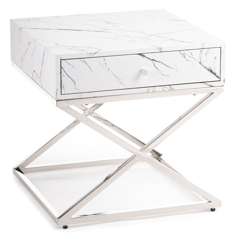 Glenam 55cm W Stainless Steel Bedside Table, White, Silver