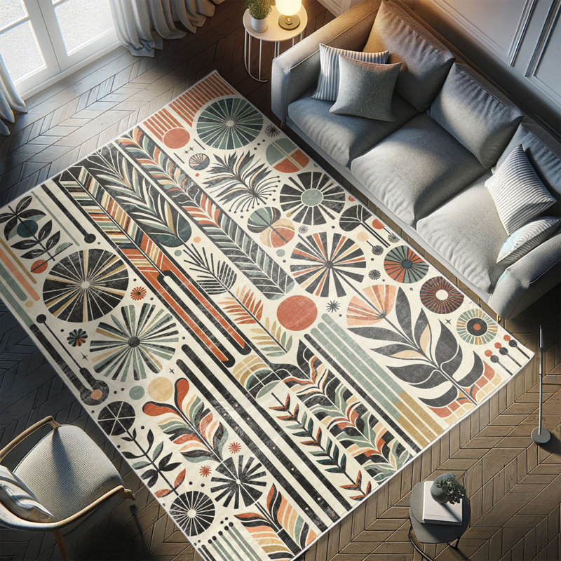 Retro Mid Century Abstract Pattern Blue and Orange Rug, 2' 5" x 5'