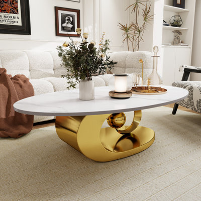 Modern White Marble Coffee With Stainless Steel Base,49.2" Oval Coffee Table With Marble Texture For Living Room