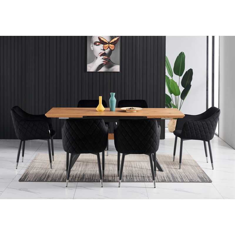 Yother 6 Person Dining set - a Rectangular Extendable Dining Table with Metal Legs and a Set of 6 Quilted Velvet Dining Chairs for Dining Room - Modern Dining Table Set