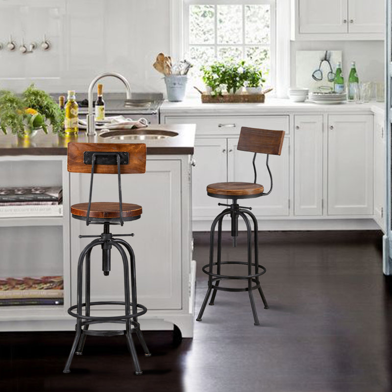 Industrial Bar Stool-Adjustable Swivel Round Wood Metal Kitchen Stool-26-32 Inch-Rustic Farmhouse-Counter Height Extra Tall Bar Height Stool-Arc-Shaped Backrest,Welded