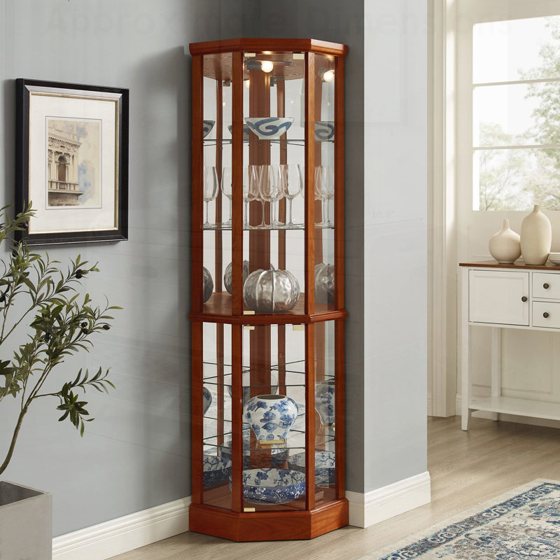 Vitrine de coin lumineuse 6 tablettes avec tablettes réglables en verre trempé et dossier en miroir, Chêne