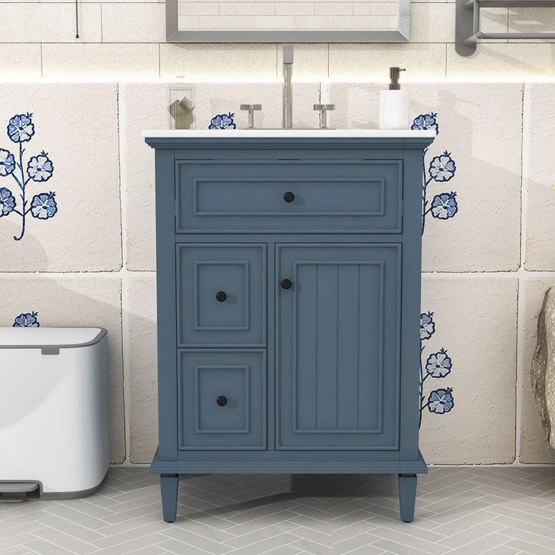 Meuble-lavabo simple contemporain en bois avec lavabo en céramique, tablette réglable et tiroirs de rangement, Bleu gris