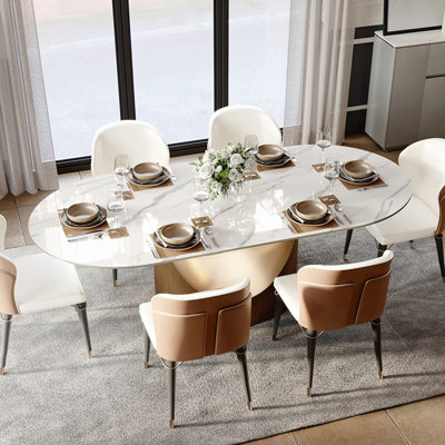 Modern Minimalist Oval Dining Table With Sintered Stone Tabletop, Pedestal Base Dining Table