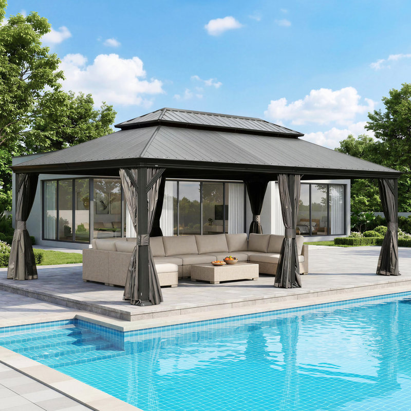 Outdoor Patio Metal Frame Gray Wood Grain Resin Roof Gazebo with Privacy Curtain Mosquito Netting, Gray