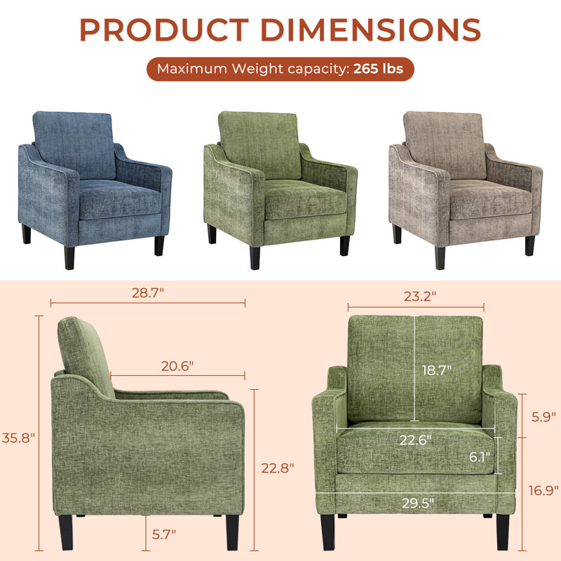 Mid-century Accent Chair, Modern Upholstered Chenille Armchair & Padded Reading Chair, Removable Cover & Wood Legs Living Room chair, Single sofa For small Space/apartment(Green)