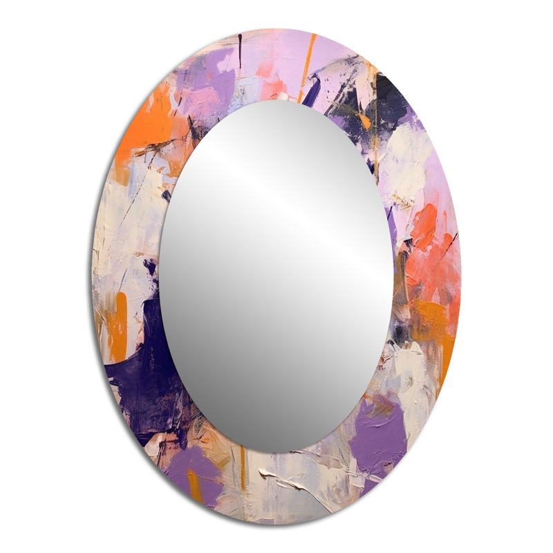 Poetic Expressionism In Purple And Orange I - Abstract Oval Decorative Mirror On Metal, 40" x 30"