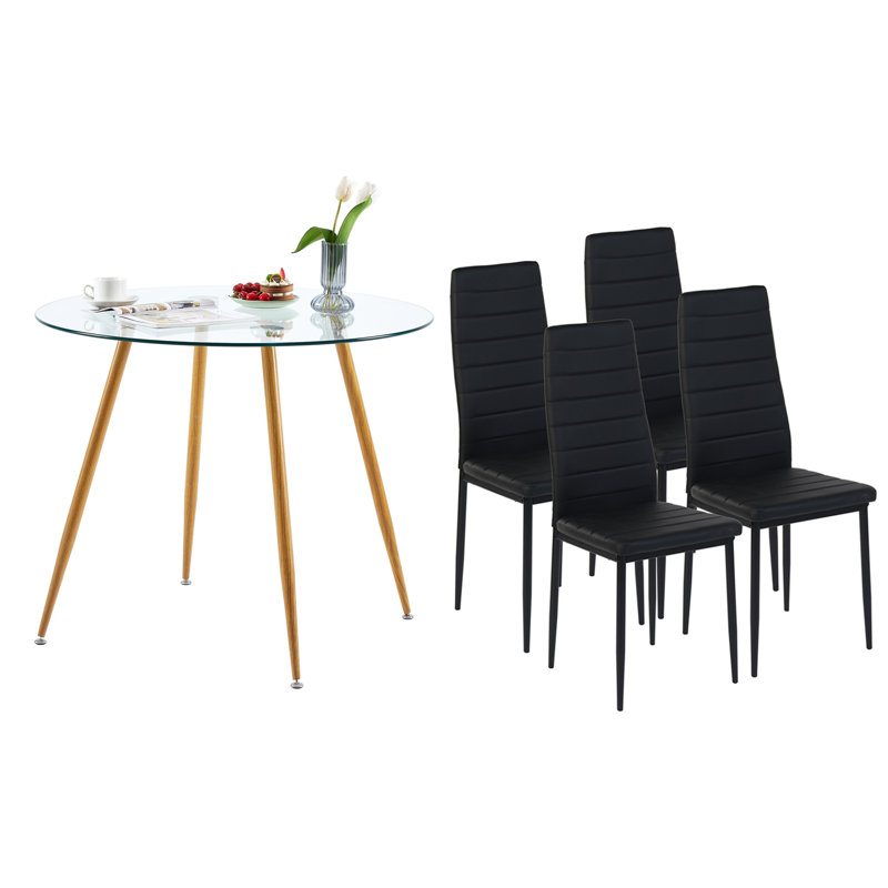 Ensemble de table de salle à manger ronde en verre trempé pour 4, 5 pièces pour la salle à manger, Noir, noir, noir, noir