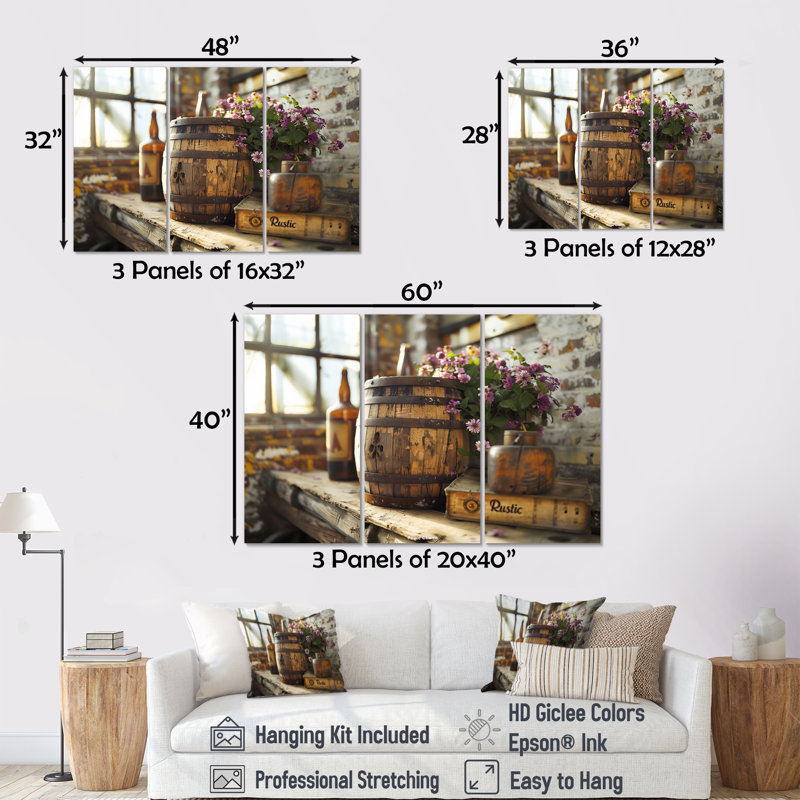 Floral Floral Rustic Barrel Charm I - Ensemble de décoration murale rustique, Toile tendue, H 40 po x l 60 po x P 1 po