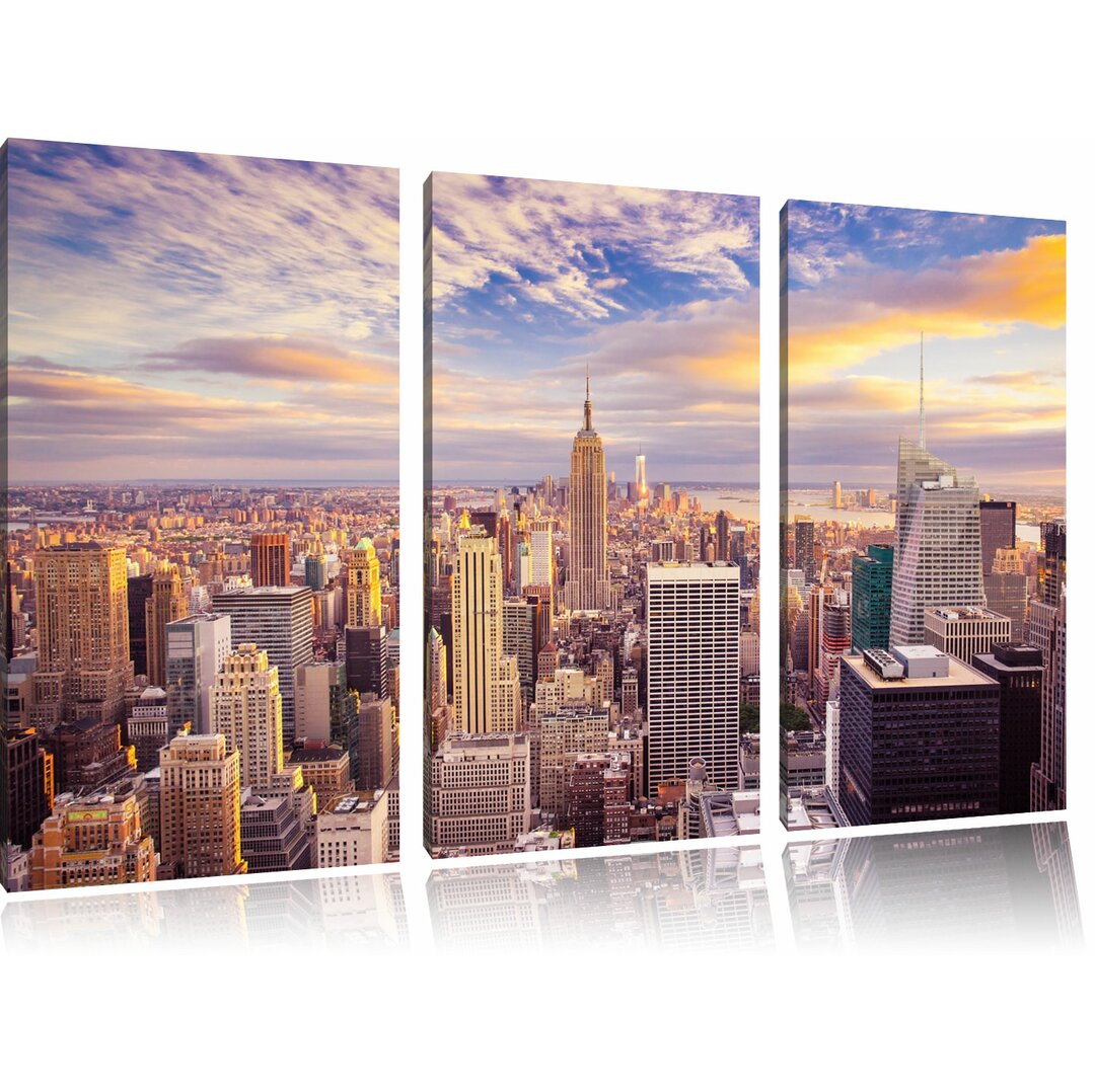 3-tlg. Leinwandbilder-Set „Skyline von New York bei Sonnenuntergang“, Grafikdruck