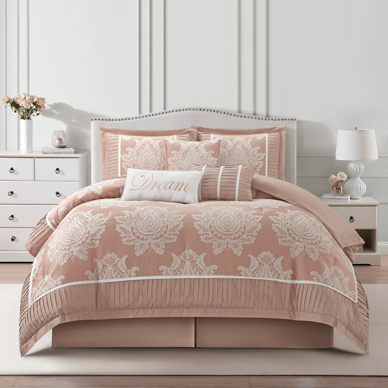 Ensemble d'édredon damassé traditionnel 7 pièces Therese, Édredon de grande taille et 6 pièces supplément, Rosé