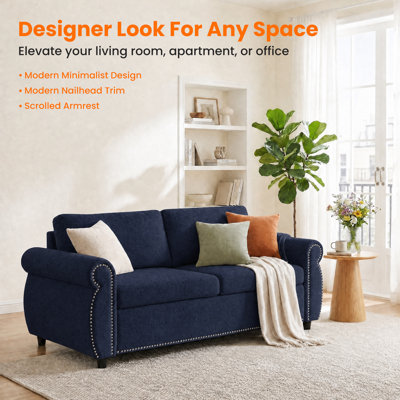 Full Sleeper Linen Pull Out Sofa with  Memory Foam Mattress & Nailhead Trim