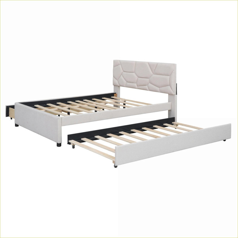 Lit plateforme double avec rangement en lin pleine grandeur, sans sommier tapissier, avec lit gigogne 2 tiroirs, beige, pour chambre d'amis