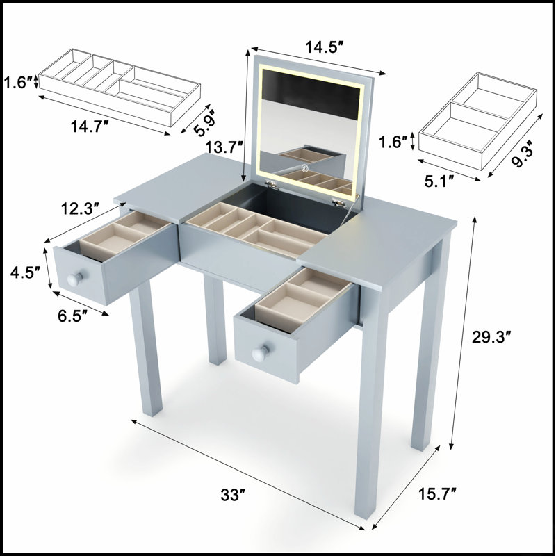 Bureau de coiffeuse multifonctionnel avec éclairage réglable à 3 niveaux, miroir rabattable et rangement pour un bureau à domicile compact