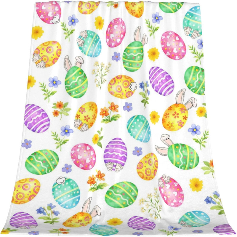 Easter Throw Blanket, Soft Flannel Eggs Blanket with Watercolor Floral Design, Lightweight Warm Easters Blanket Throw for Couch Sofa Bed, Cozy Easter Decor for Spring