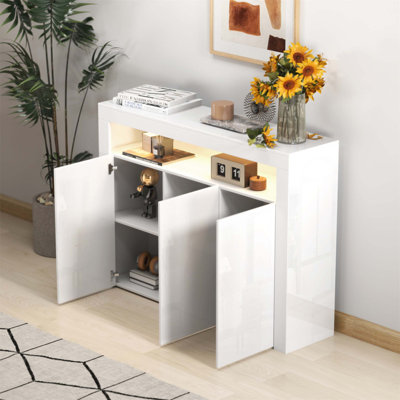 Modern High Gloss LED Sideboard Storage Cabinet With 3 Doors For Living And Dining Rooms, Ideal For Stylish And Functional Home Decor