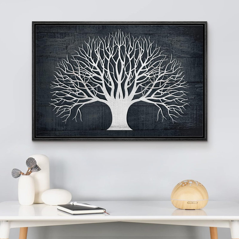Panneau rétro effet bois foncé rétro, silhouette d'arbre forêt naturelle sur toile, H 16 po x l 24 po x P 1,5 po, Cadre noir