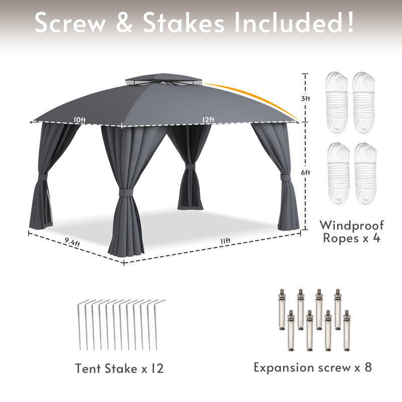 10x13 FT Outdoor Steel Gazebo With Double Roof, 108" H x 156" W x 120" D