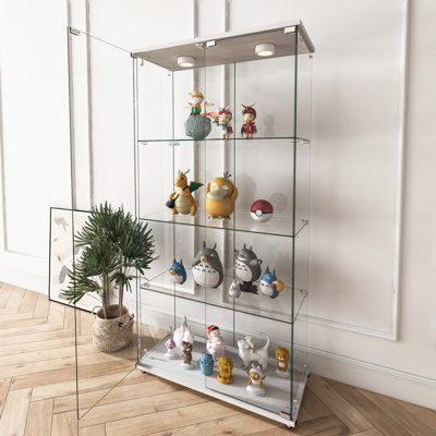Modern Glass Display Cabinet With LED Lights, Quick-Assembly Antique Cabinet, Tempered Glass Bookshelf, Suitable For Living Room And Bedrooms, 2-Door 4-Shelf, Transparent
