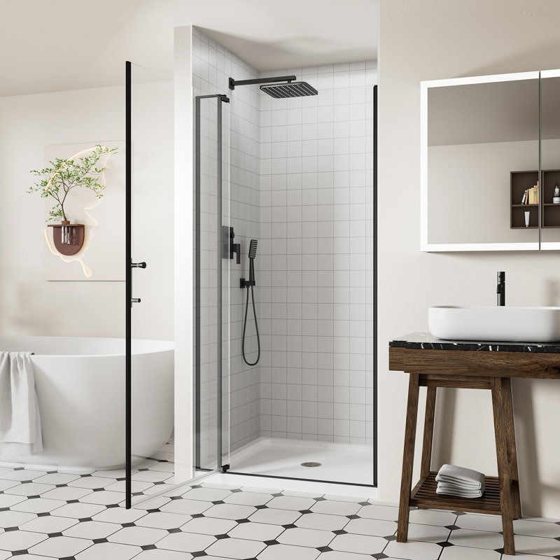 Porte de douche pivotante sans cadre de l 32 à 36 po x H 72 po avec verre trempé de 1/4 po et 5/16 po et extérieur ouvert, finition noir mat