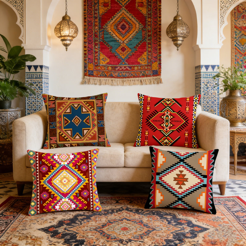 Ensemble de 4 coussins de lit double à housse de coussin épaisse bohémienne et housse de coussin de style marocain 45 x 45 cm / 17,7 x 17,7 po, B4