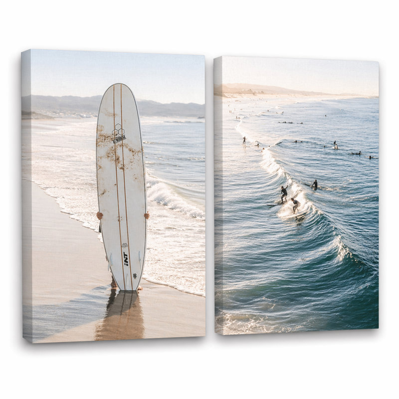Modern Coastal Wall Art Set of 2, Ocean Wave & Surfboard Canvas Prints, Neutral Beach Decor for Living Room Bedroom Bathroom
