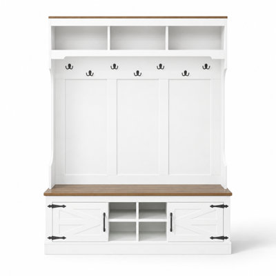 5-in-1 Farmhouse Hall Tree with Bench and Shoe Storage, Multifunctional Freestanding Entryway Storage Organizer with Coat Rack, Open Cubbies and Durable Hooks, Space-Saving Unit for Hallway, Entryway, Living Room, Mudroom, Bedroom and Walk-in Closet