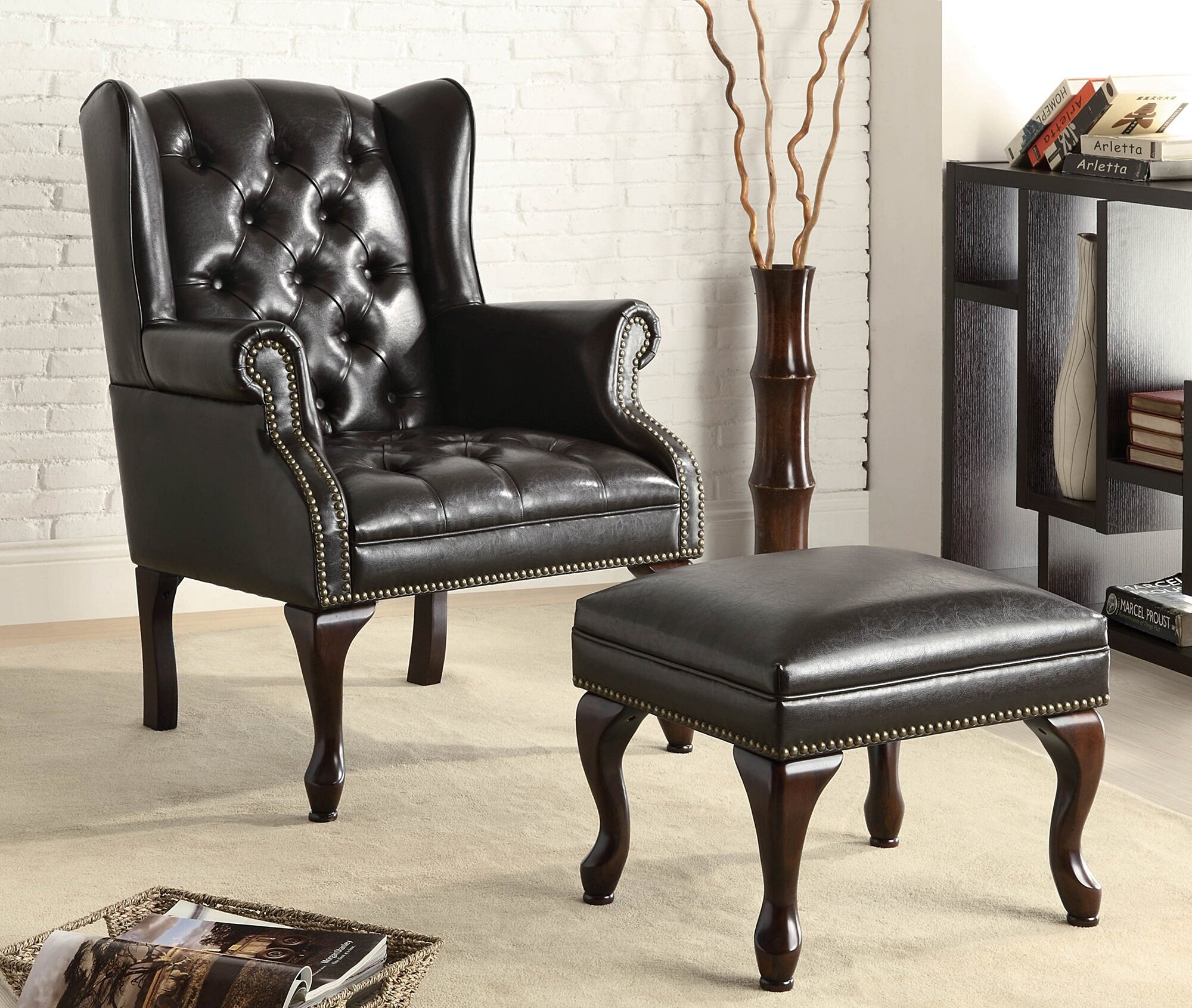 Canora Grey Morena Faux Leather Wingback Chair with Ottoman Wayfair