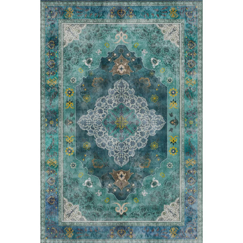 Machine Washable Indoor&Outdoor Area Rug Non-Slip Backing Green Vintage Low Pile Rug for Living Room Bedroom Dorm Hotel