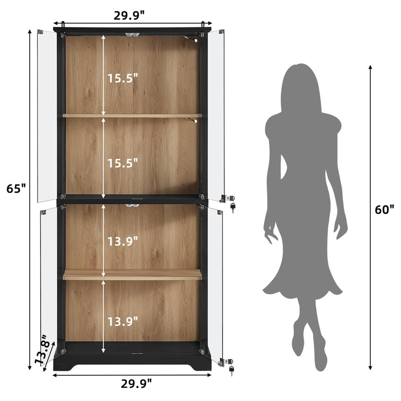 Farmhouse Display Cabinet with Glass Doors, Curio Cabinet with 3-Color LED Motion-Sensor Light (Black), Black